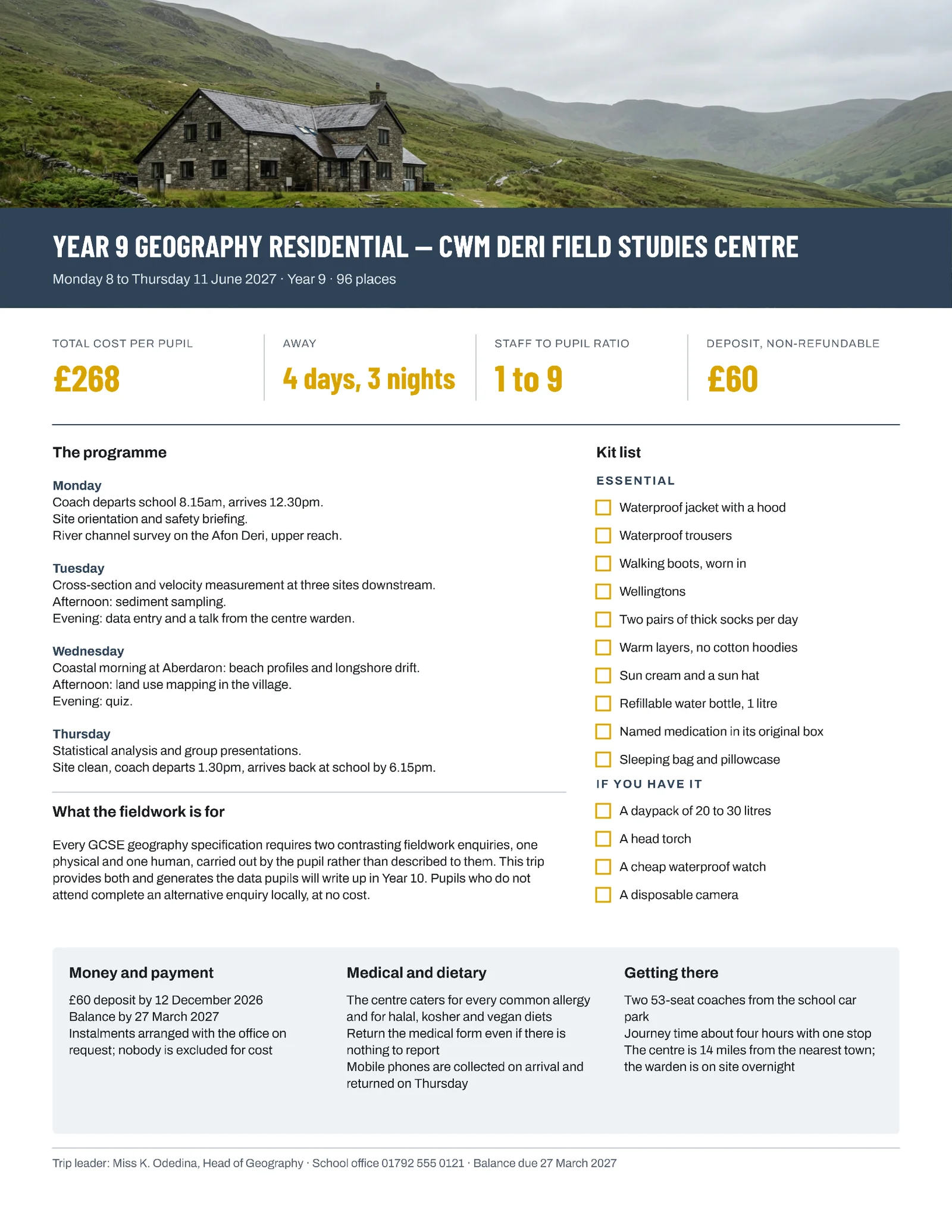 Alpine Field Centre Band Residential Trip Information One-Pager — Letter One pager template