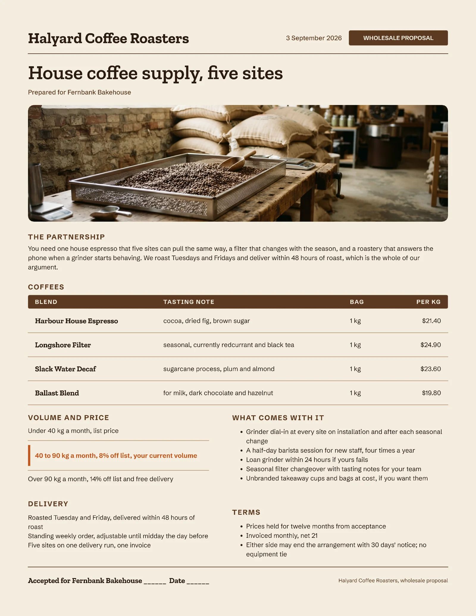 Umber Cream Coffee Wholesale Supply Proposal — 2-page Proposal template, page 1 of 2