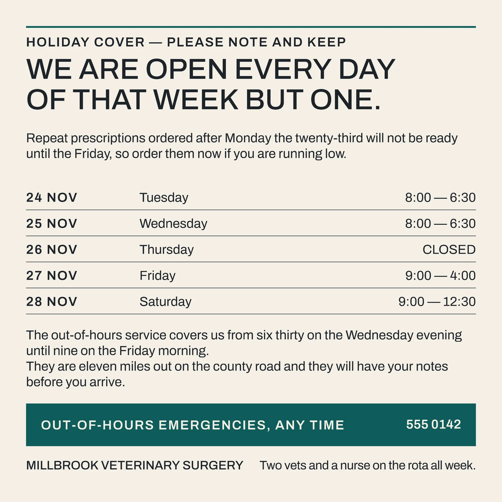 Cream Hours Table Veterinary Thanksgiving Cover Facebook Ad — 1:1 Facebook ad template