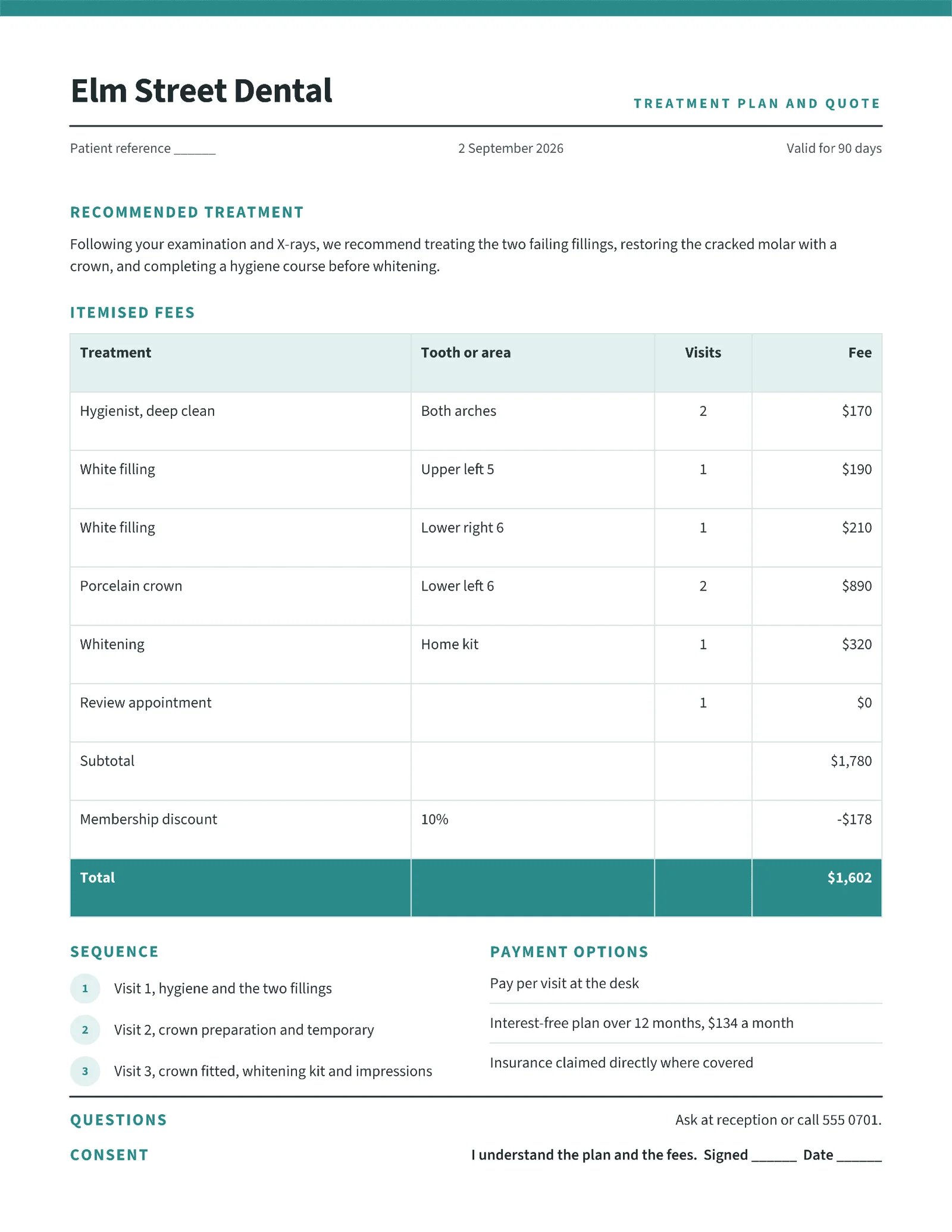 Clinical Dental Treatment Plan Quote — 2-page Quote template, page 1 of 2