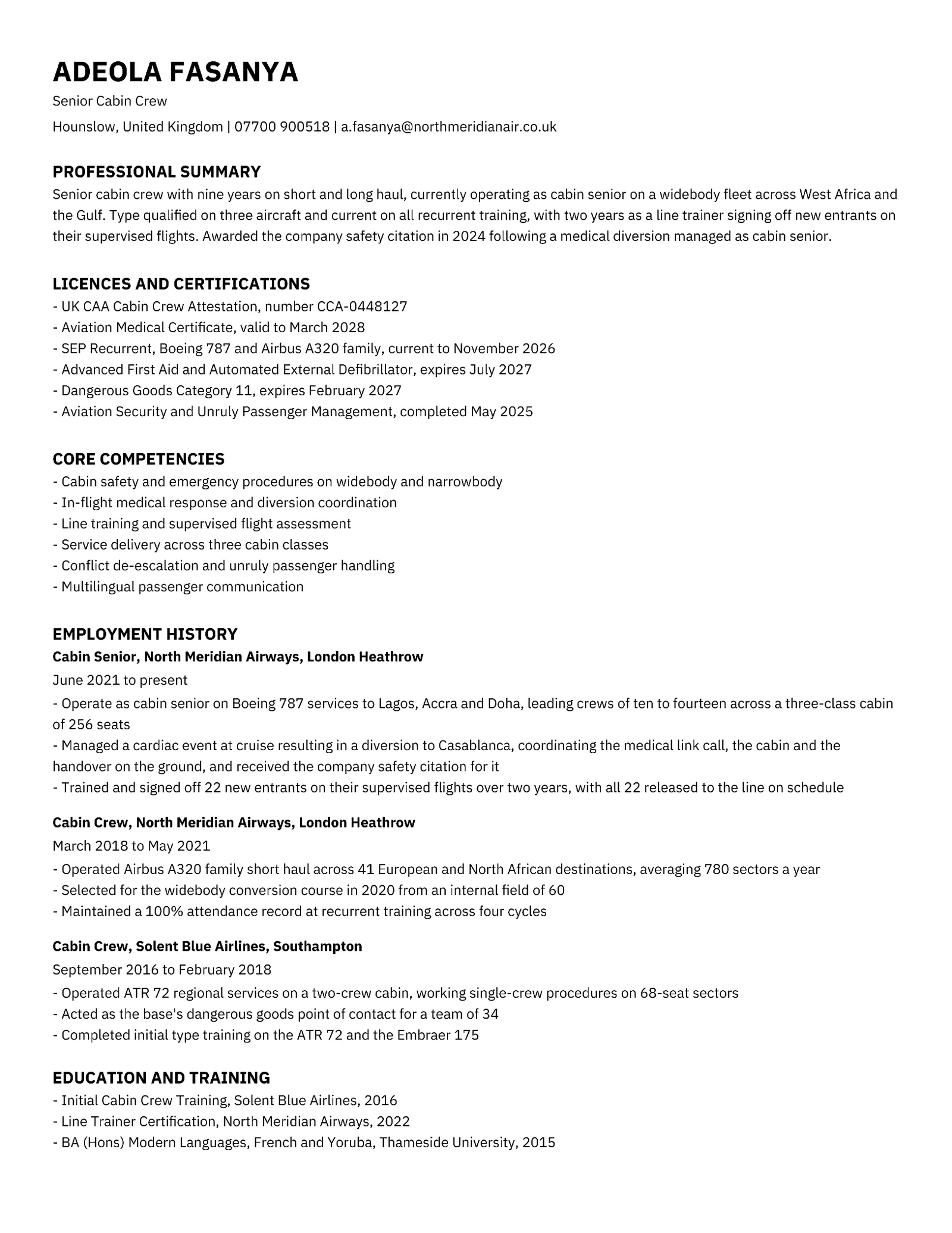 Senior Cabin Crew ATS Resume — Letter Resume template