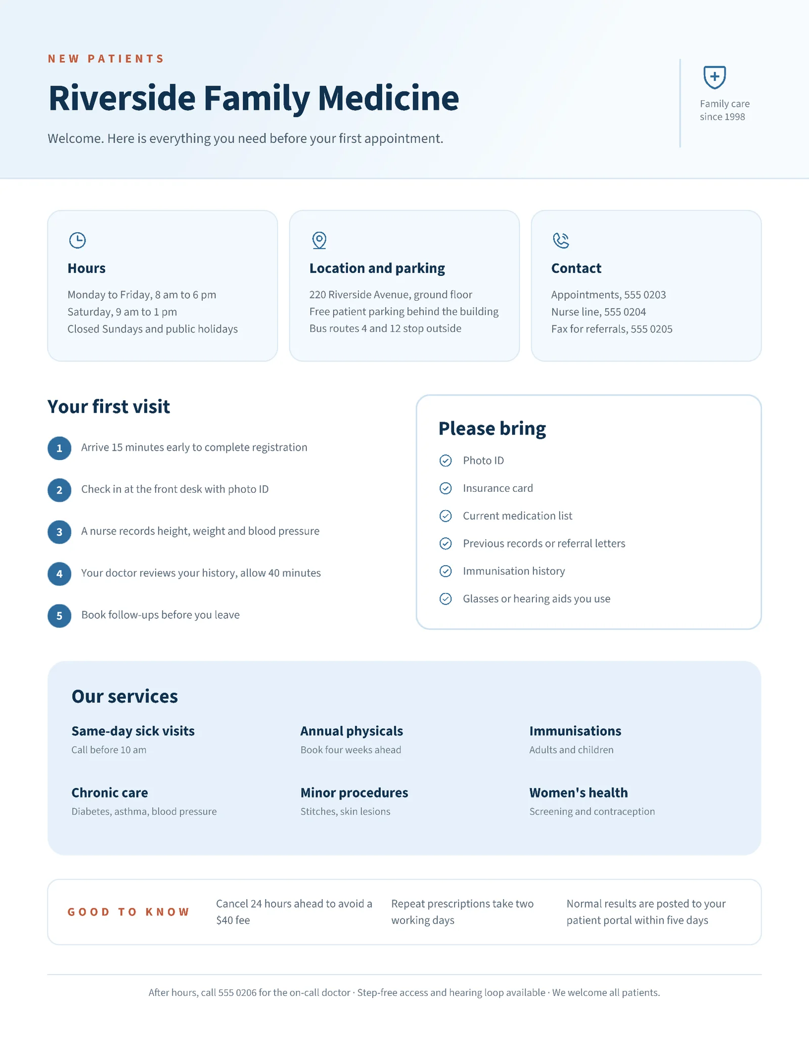 Clinical Calm New Patient Information Sheet — 2-page One pager template, page 1 of 2