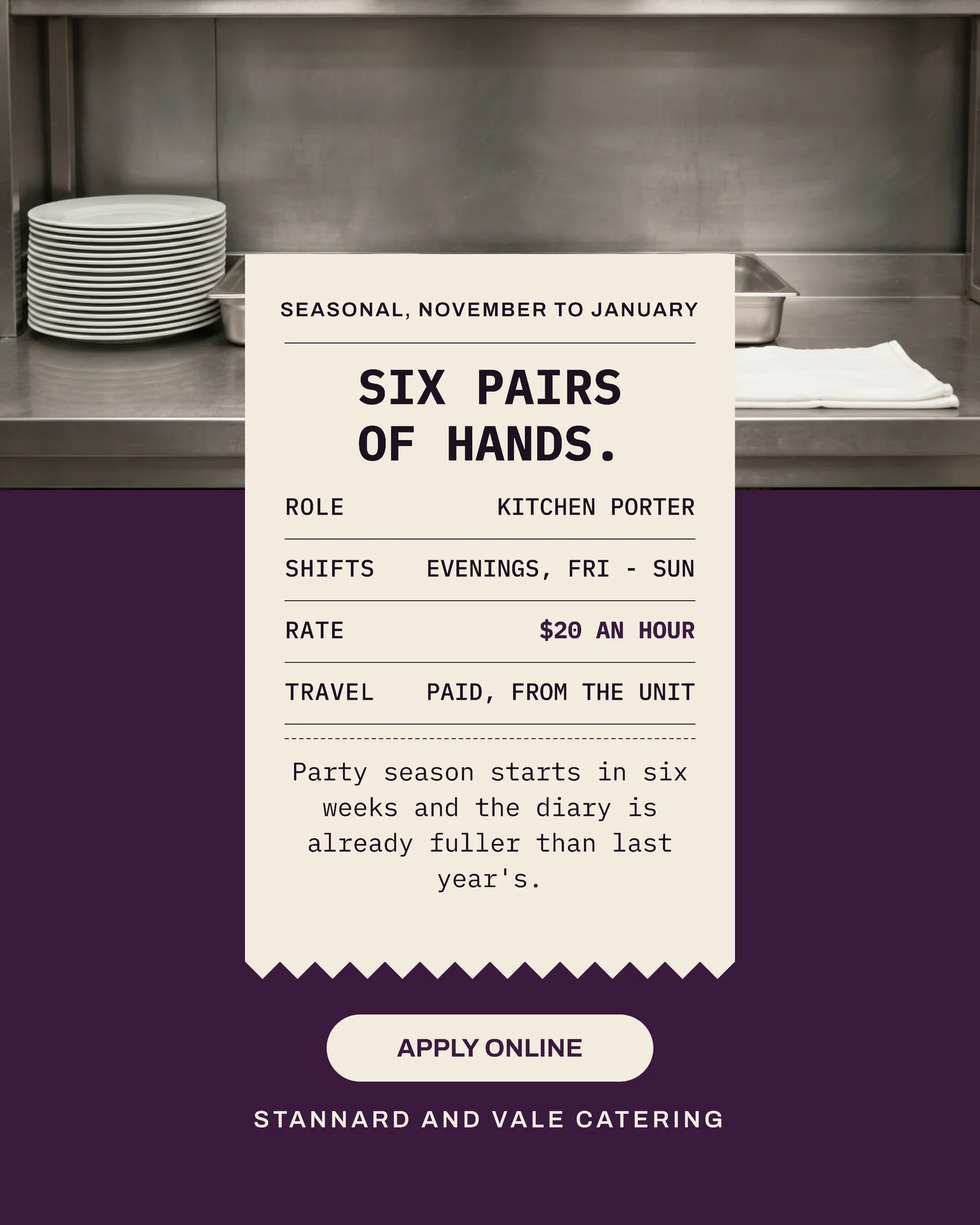 Plum Bone Receipt Slip Event Caterer Kitchen Porters Hiring Facebook Ad — 4:5 Facebook ad template