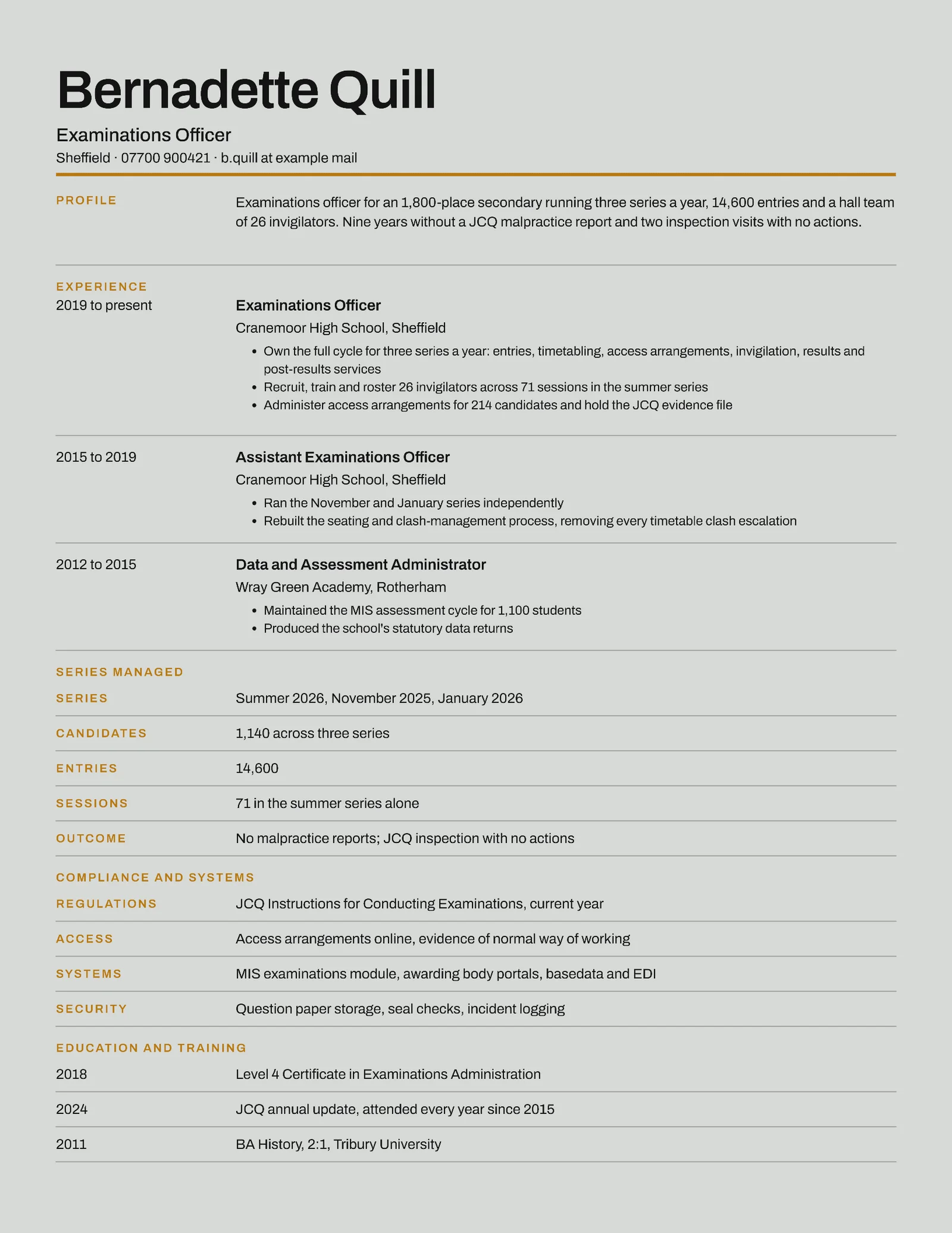 Stone Tabular Grid Exams Officer Resume — Letter Resume template