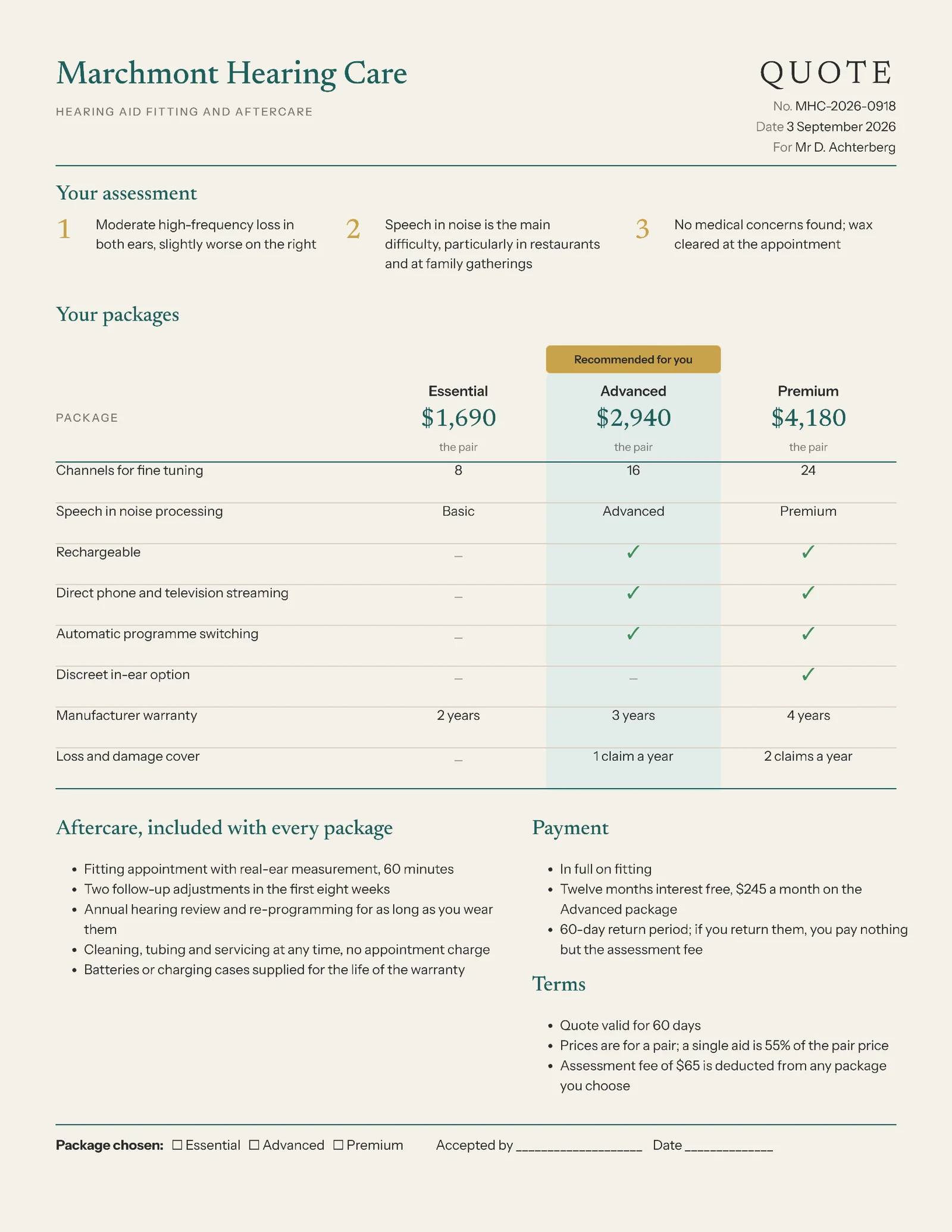 Bone Teal Hearing Care Package Quote — 2-page Quote template, page 1 of 2