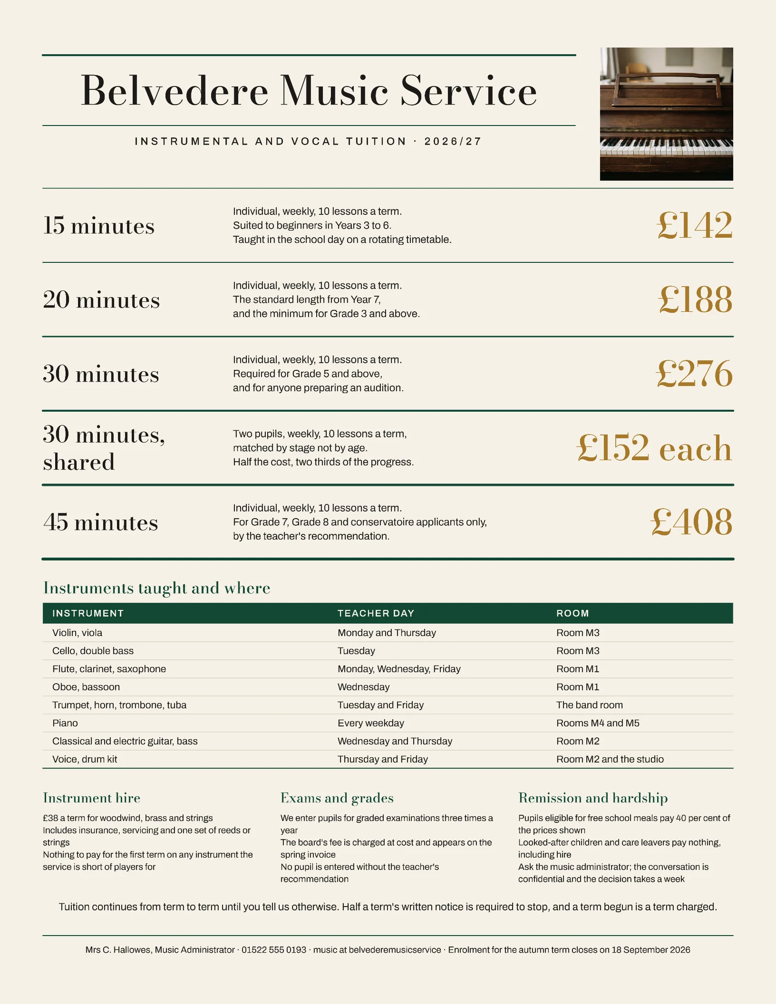 Brass Tuition Ledger Peripatetic Music Lessons One-Pager — Letter One pager template