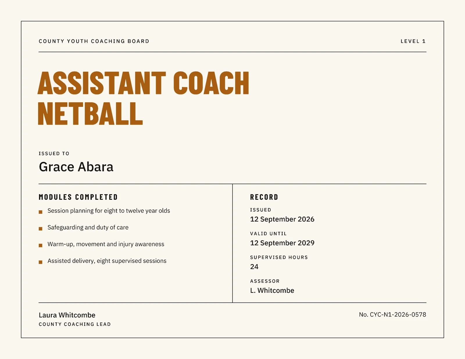 Amber Credential Card Young Coach Certificate — Letter landscape Certificate template