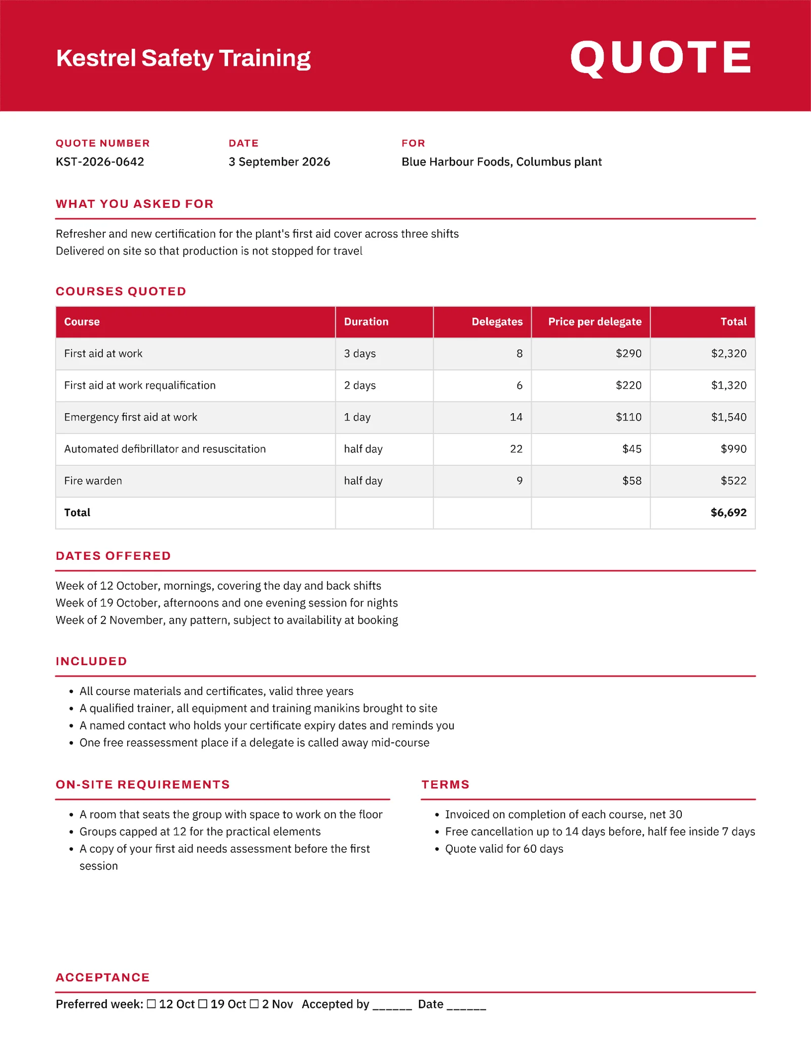 Red White Workplace First Aid Training Quote — 2-page Quote template, page 1 of 2