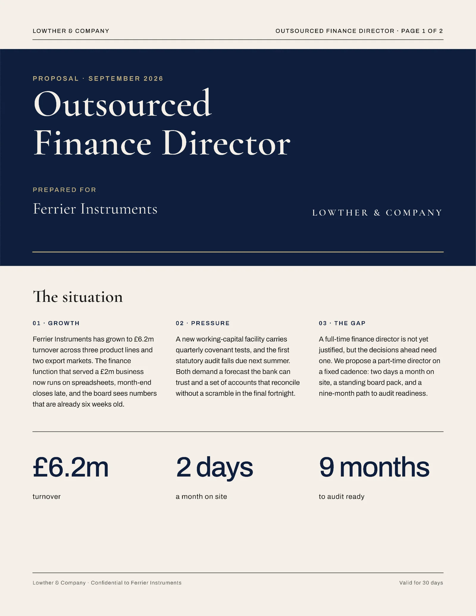 Outsourced Finance Director Proposal — 2-page Proposal template, page 1 of 2