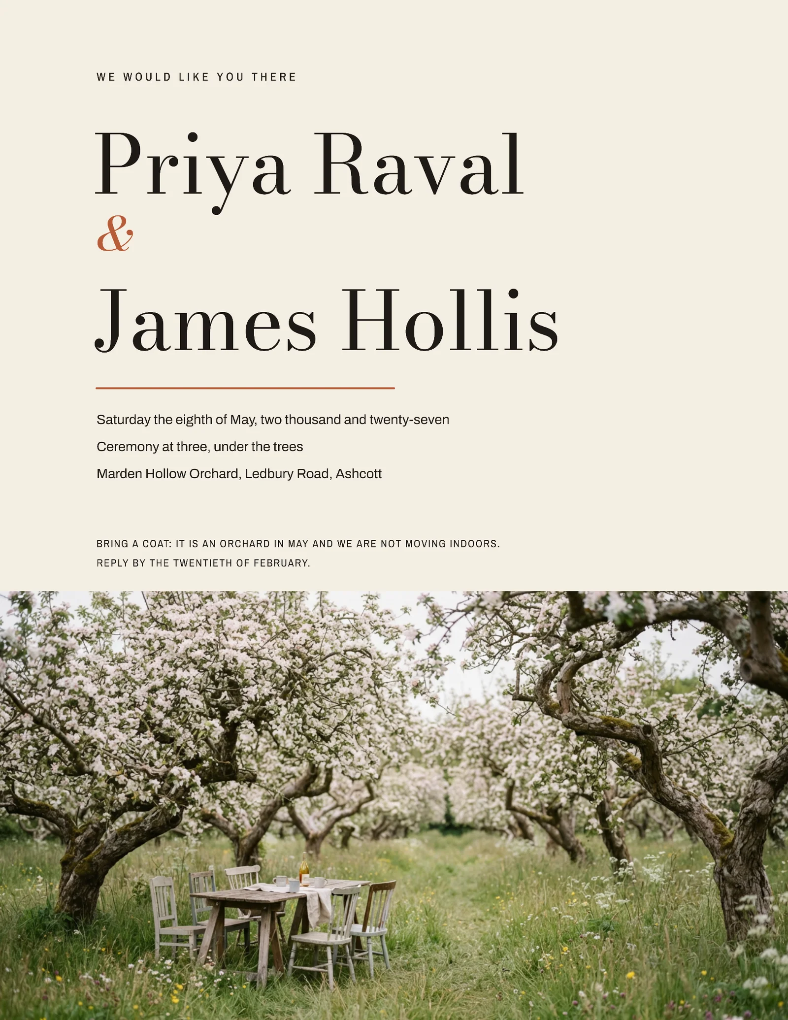 Orchard Photo Footer Wedding Invitation — Letter Invitation template
