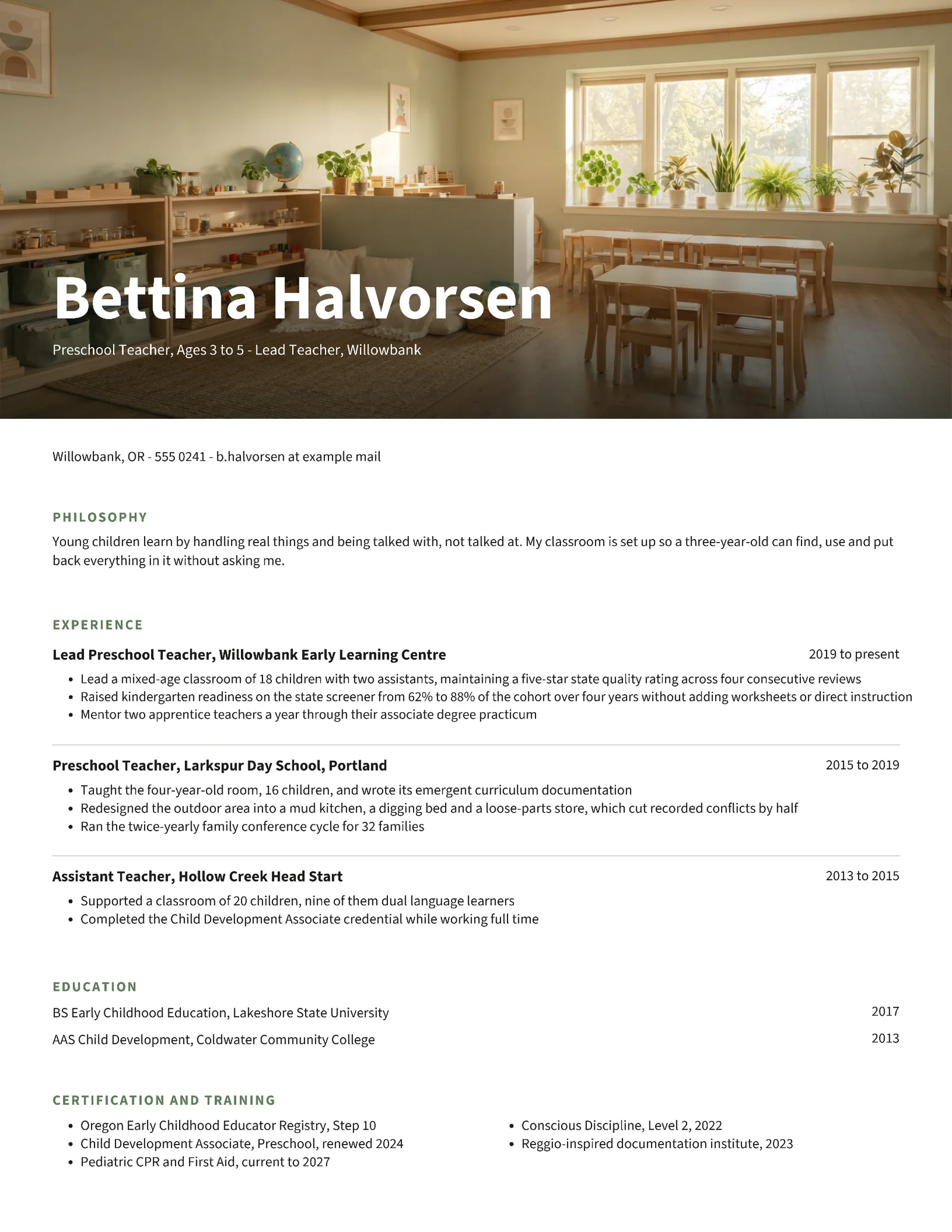 Preschool Teacher Resume — Letter Resume template