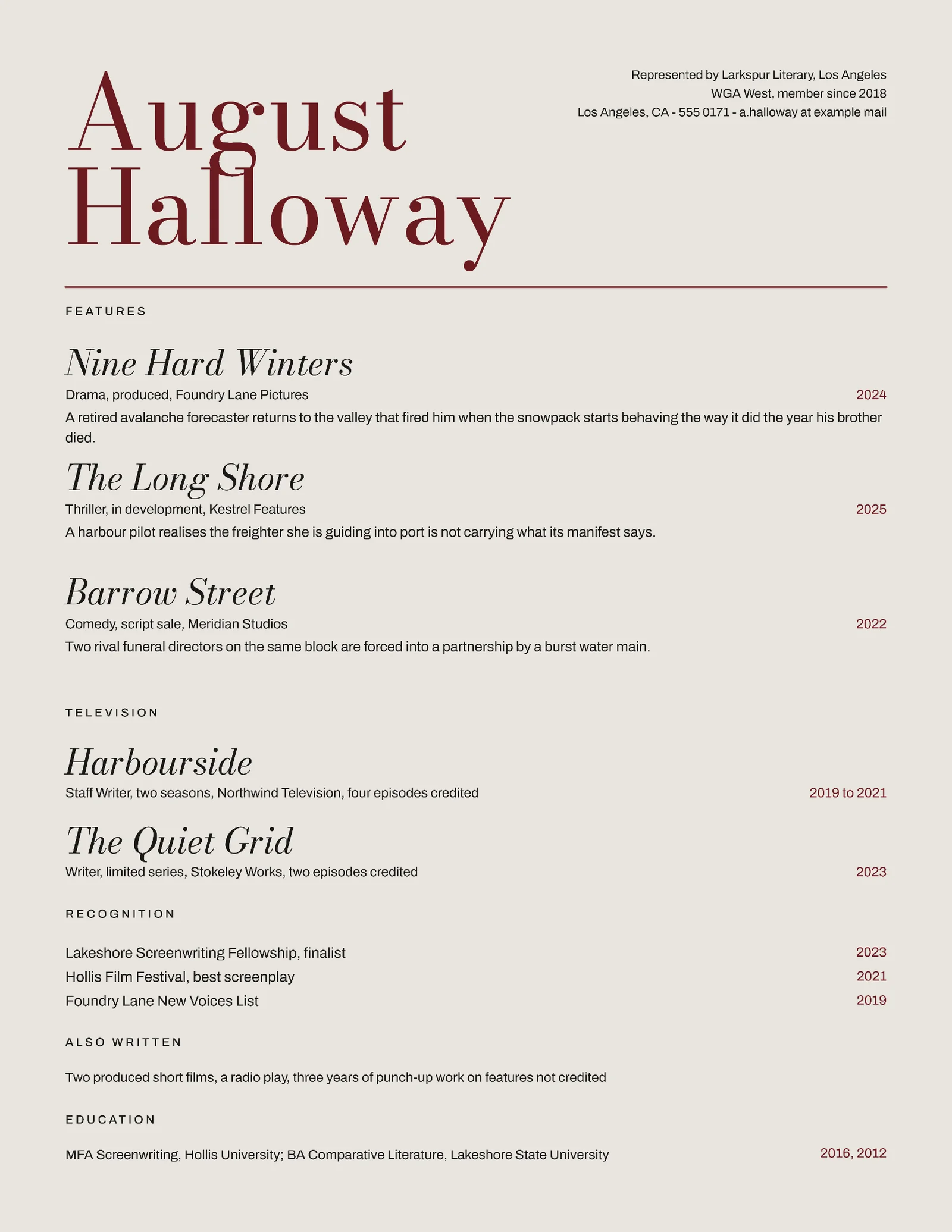 Screenwriter Resume — Letter Resume template