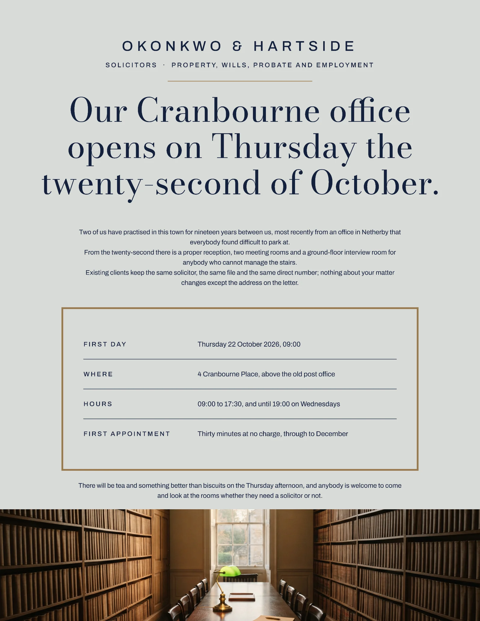 Navy Boxed Details Legal Grand Opening Invitation — Letter Invitation template