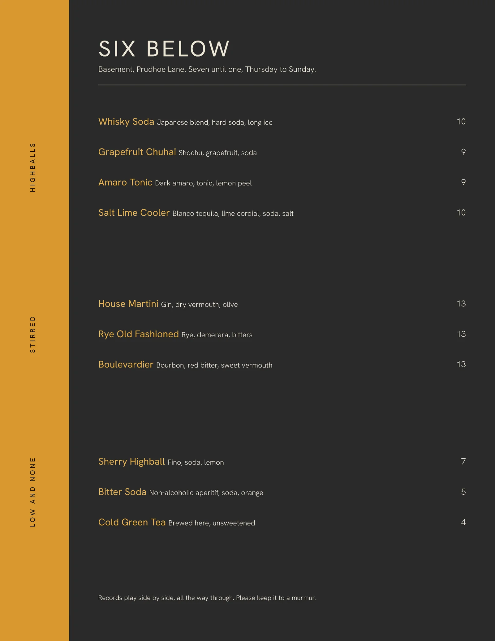 Charcoal Tab Column Listening Bar Highball Menu — Letter Menu template