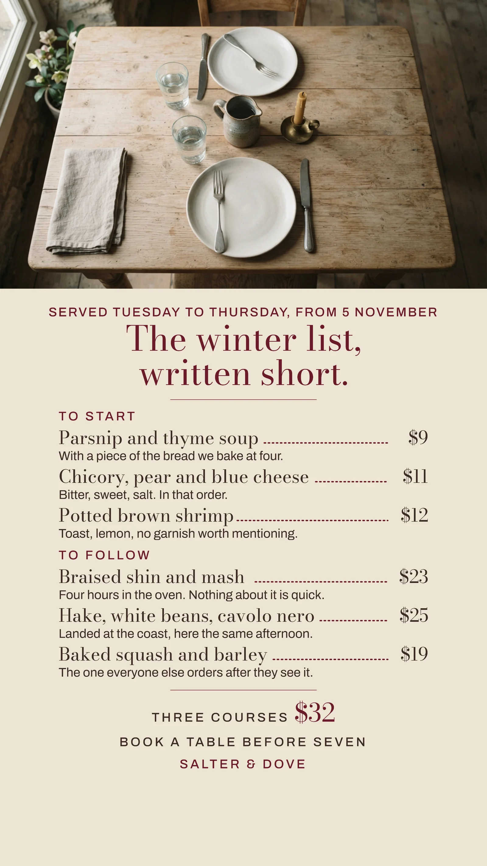 Oat Claret Dot Leader Column Bistro Winter Set Menu Instagram Story — 9:16 Instagram story template