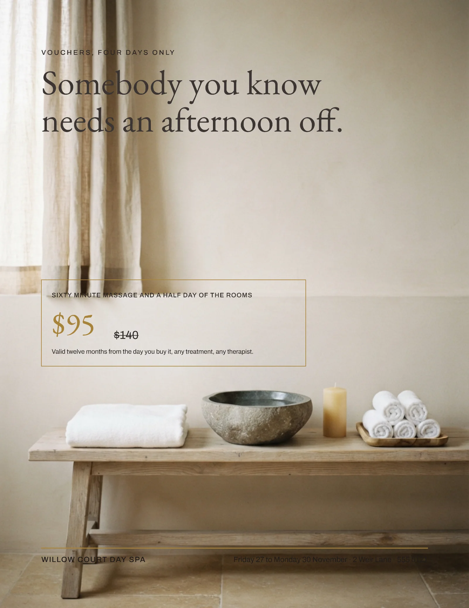 Stone Quiet Full Bleed Day Spa Black Friday Vouchers Flyer — Letter Flyer template