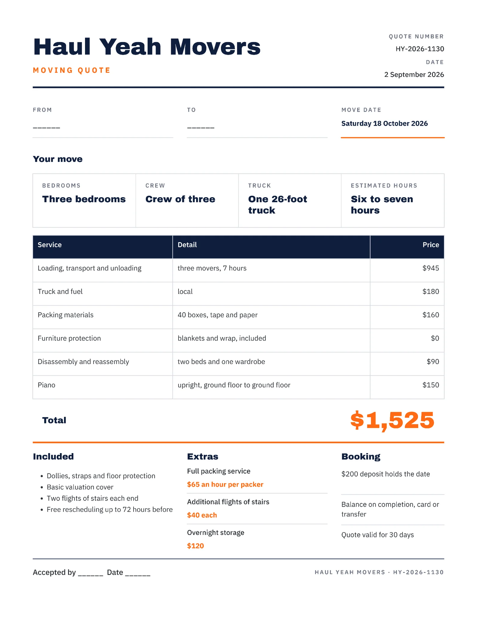Bold Residential Moving Quote — 2-page Quote template, page 1 of 2