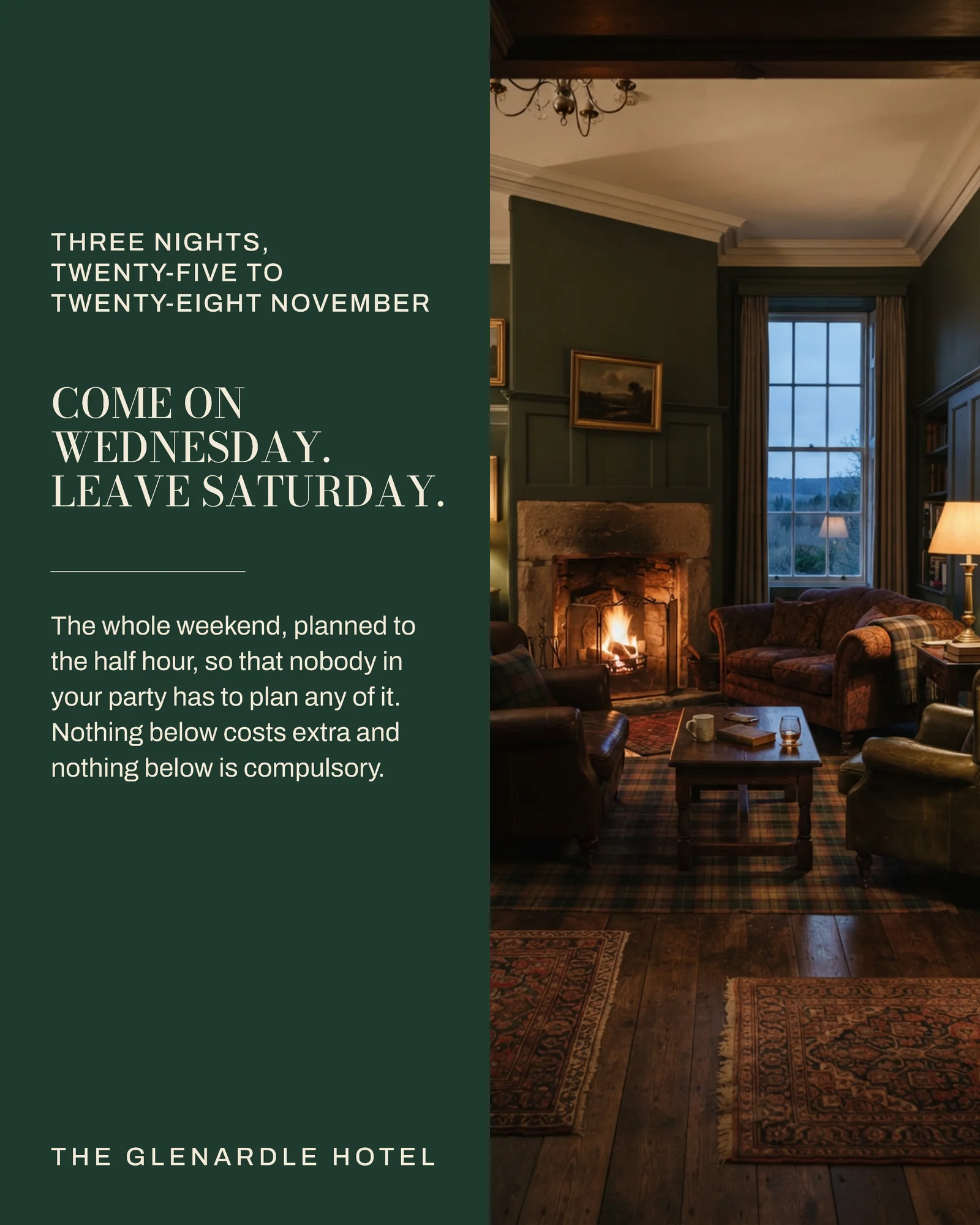 Forest Timeline Hotel Thanksgiving Weekend Itinerary Facebook Carousel — 5-panel Facebook carousel carousel template, page 1 of 5
