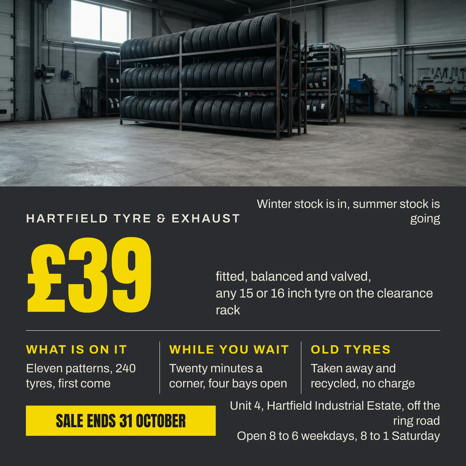 Graphite Yellow Photo Band Price Block Tyre Centre Sale Facebook Ad — 1:1 Facebook ad template