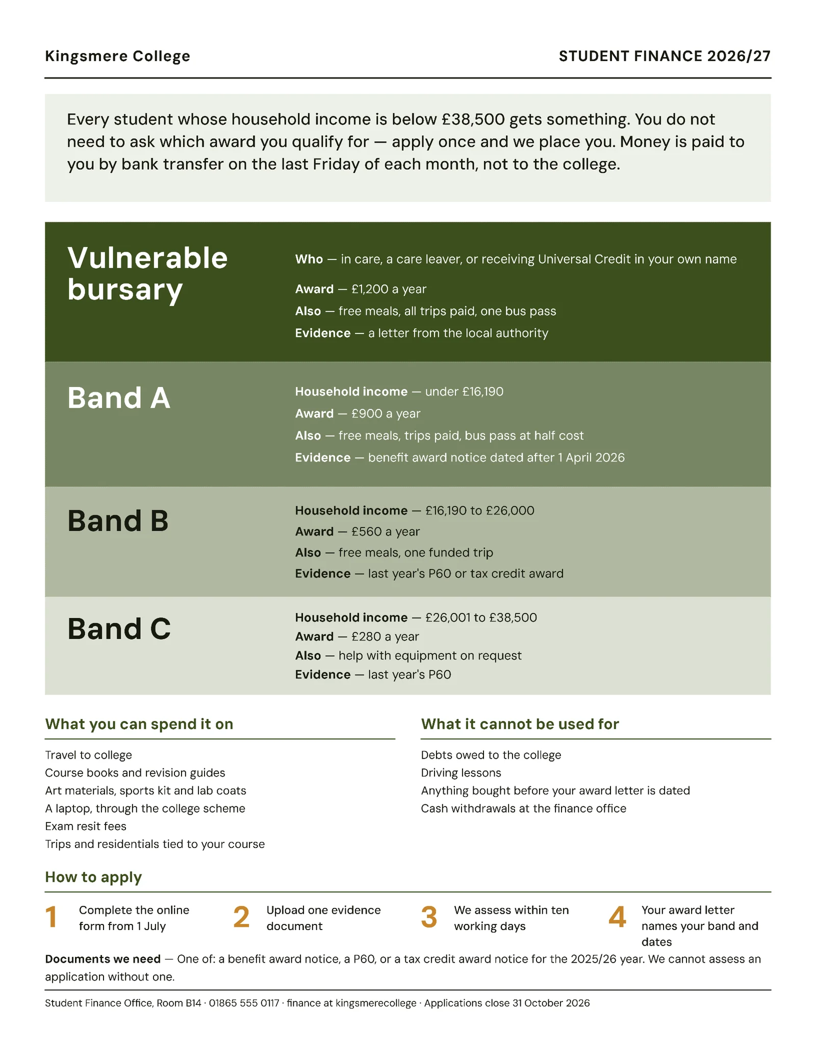 Moss Eligibility Bands Bursary and Free Meals Explainer One-Pager — Letter One pager template