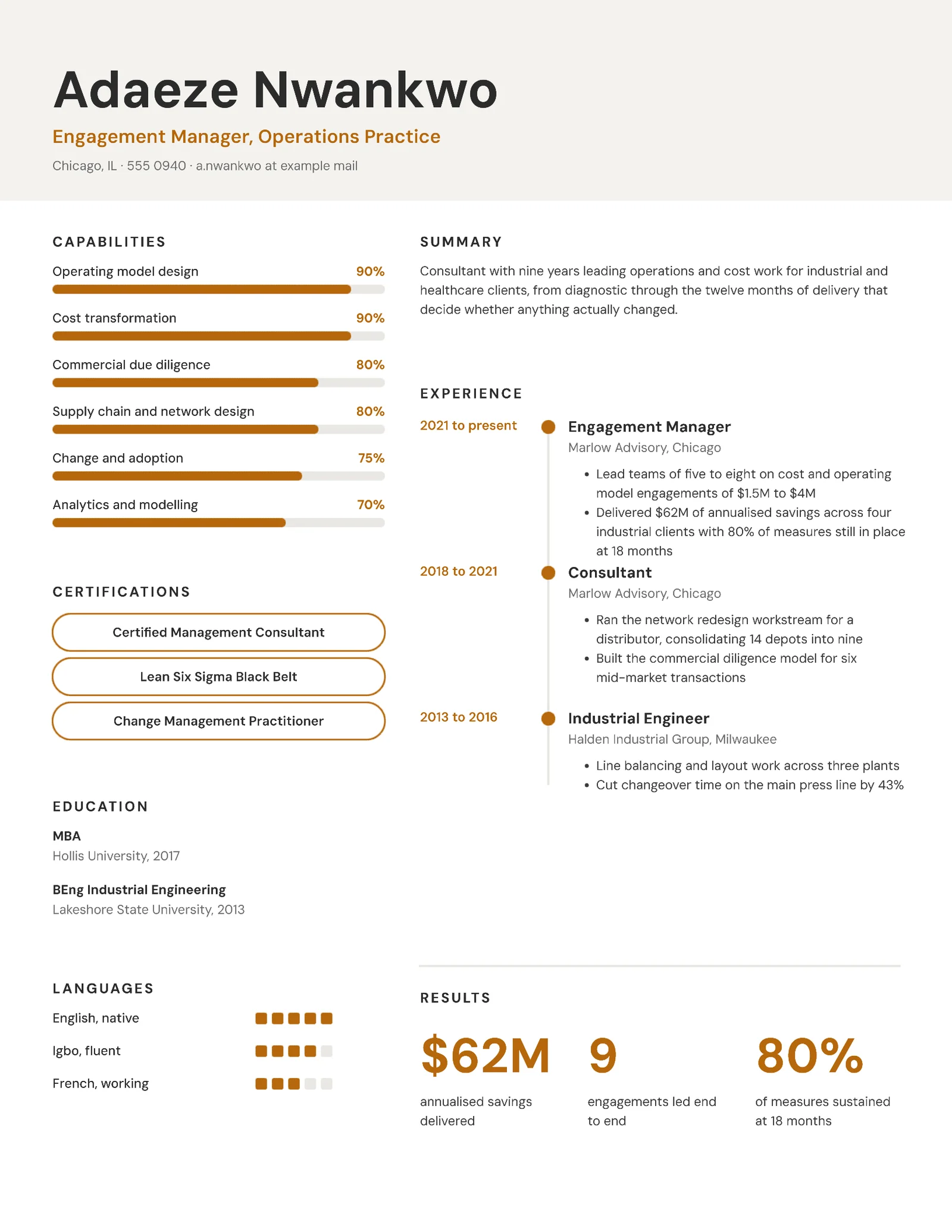 Amber Infographic Management Consultant Resume — Letter Resume template