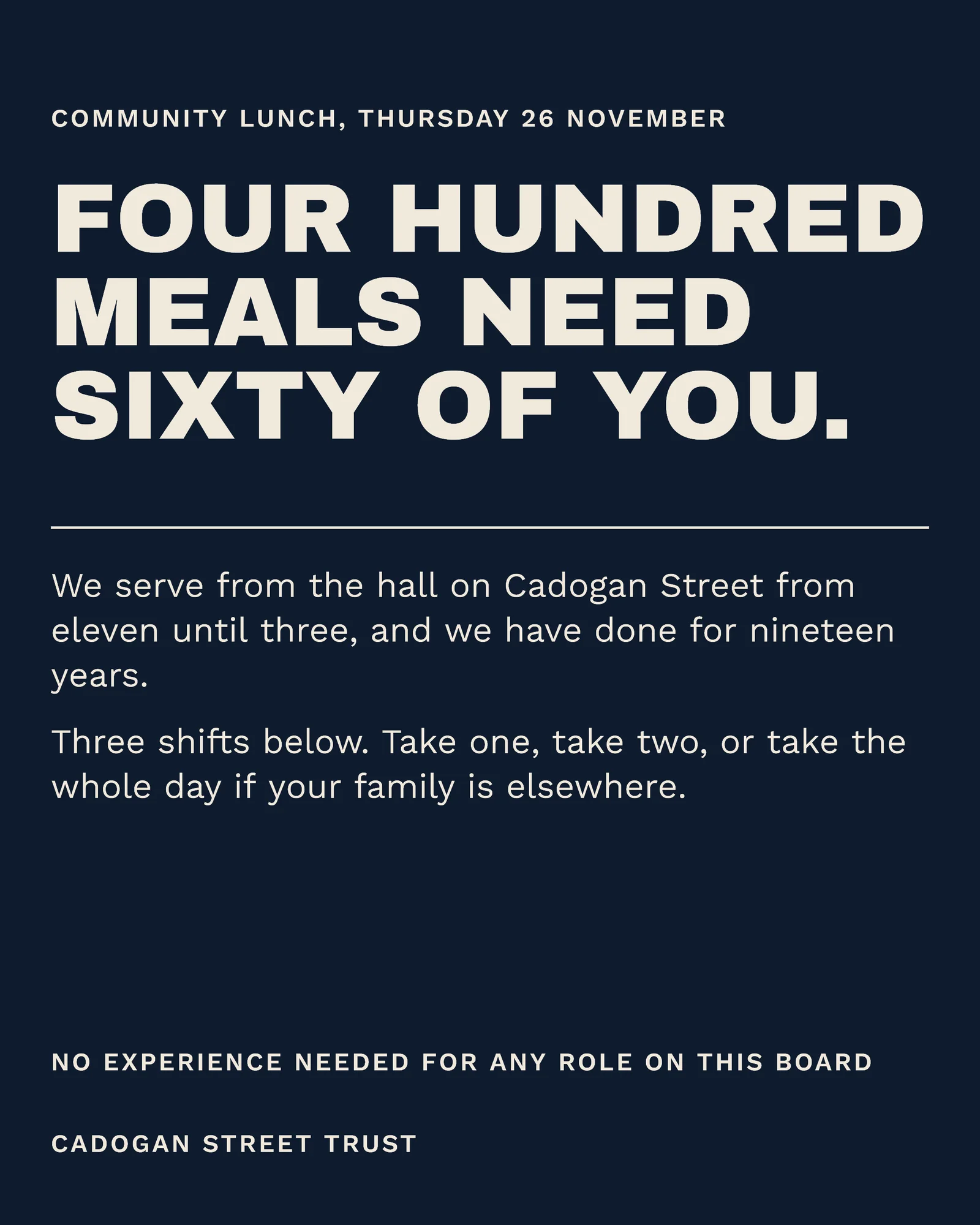 Navy Giant Clock Nonprofit Thanksgiving Volunteer Shifts Facebook Carousel — 5-panel Facebook carousel carousel template, page 1 of 5