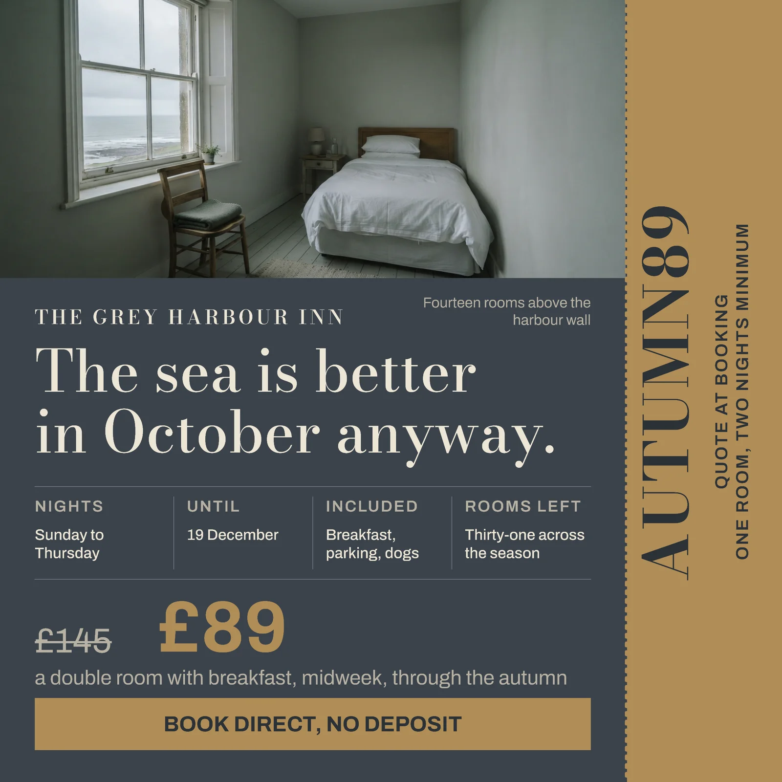 Slate Brass Perforated Stub Coastal Inn Autumn Rate Sale Facebook Ad — 1:1 Facebook ad template