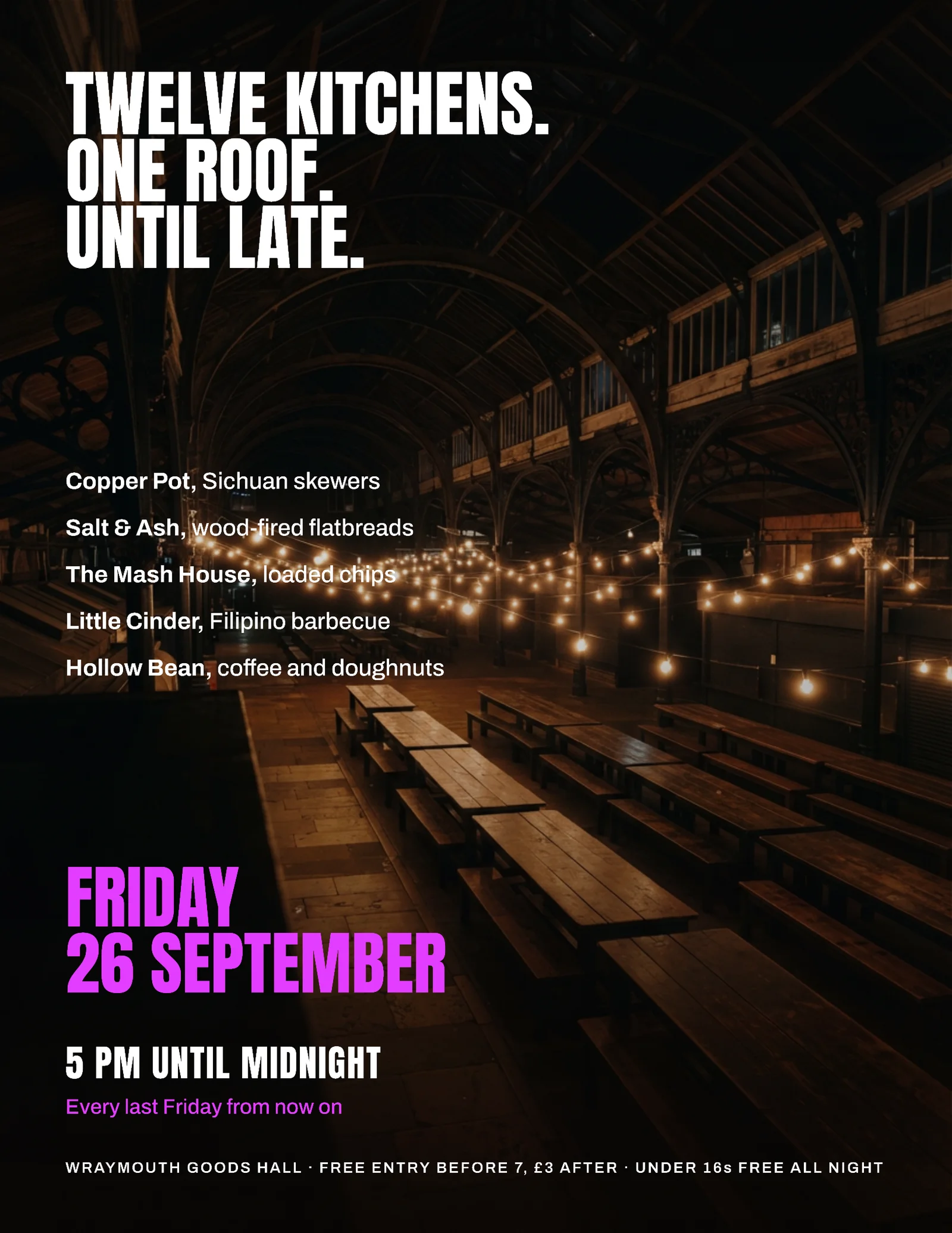 Neon Plum Full Bleed Night Food Market Flyer — Letter Flyer template