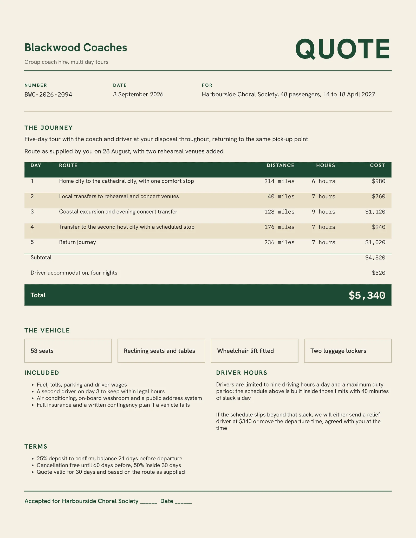Forest Cream Group Coach Hire Quote — 2-page Quote template, page 1 of 2
