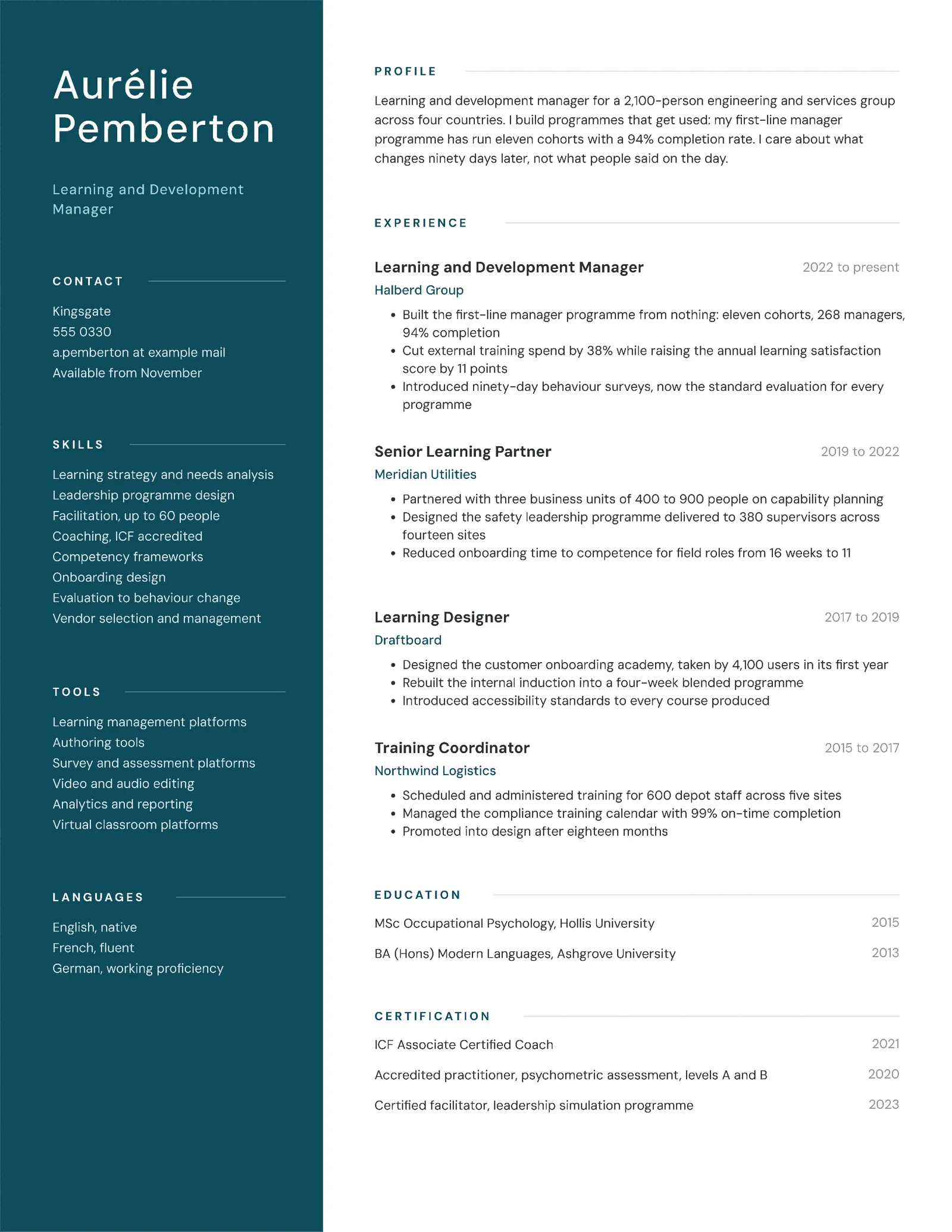 Teal Graphite Modern Learning Development Manager Resume — Letter Resume template