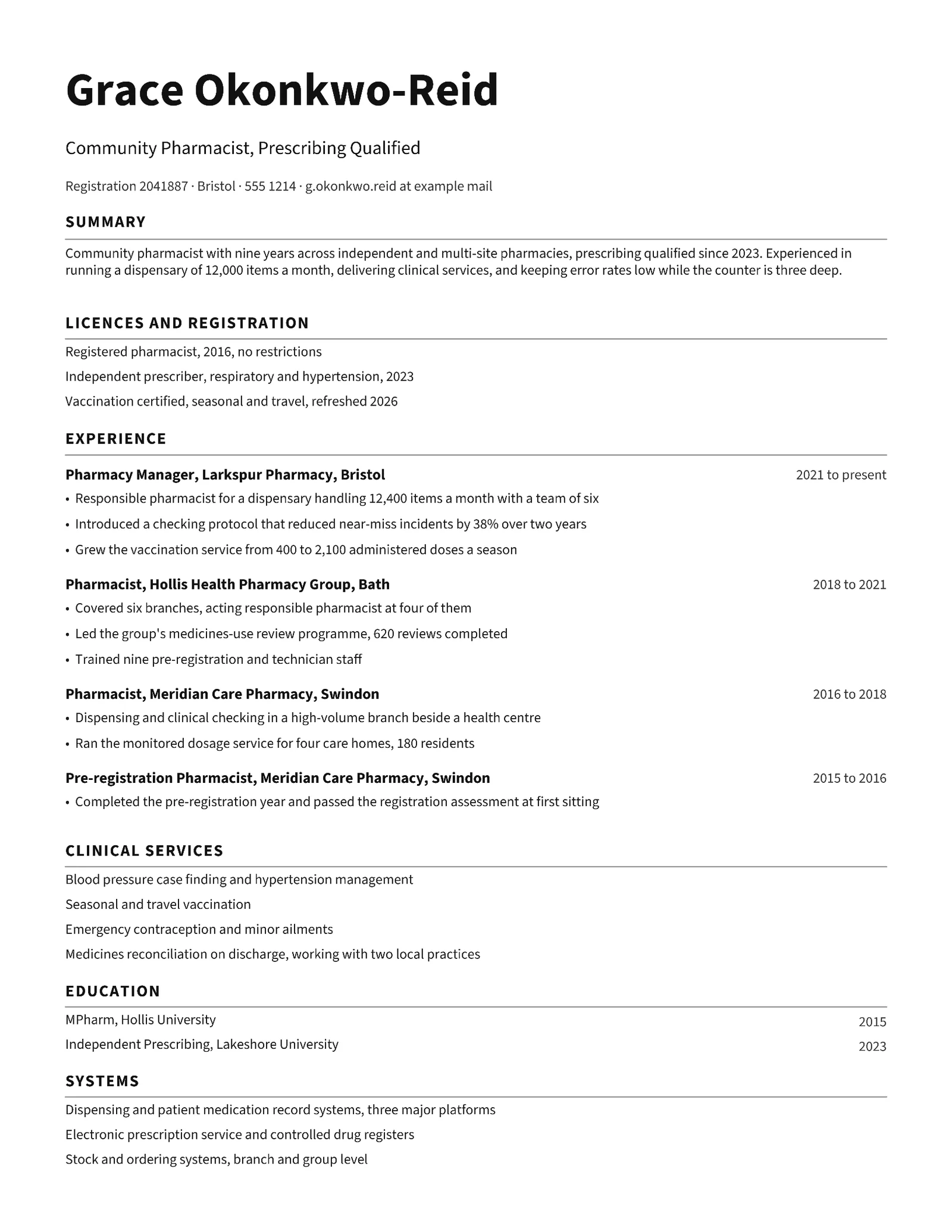 Plain Simple Community Pharmacist Resume — Letter Resume template