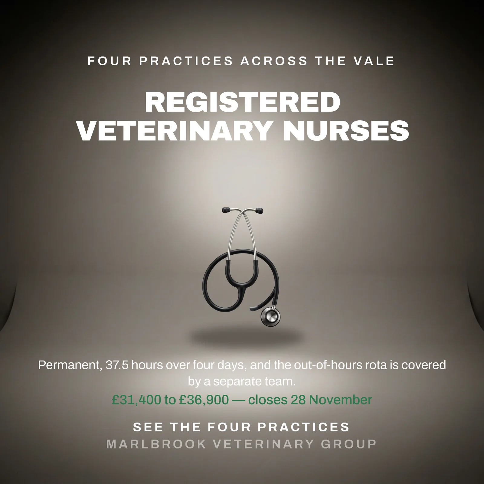 Veterinary nurse hiring ad — one spotlit object on a studio stage — 1:1 LinkedIn ad template