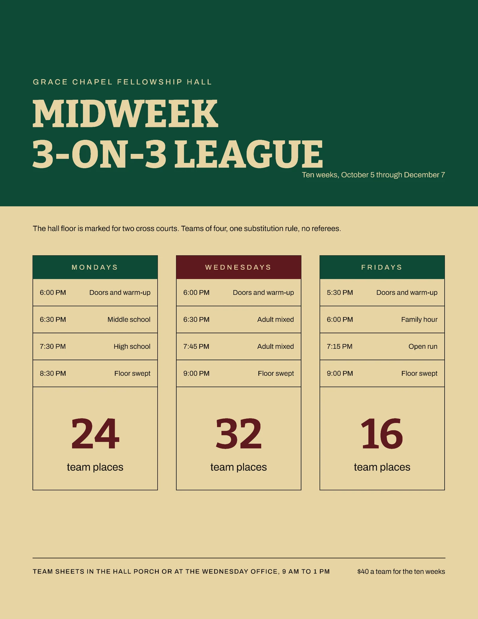 Manila Bottle Green Three Night Panels Chapel Hall 3-on-3 League Flyer — Letter Flyer template
