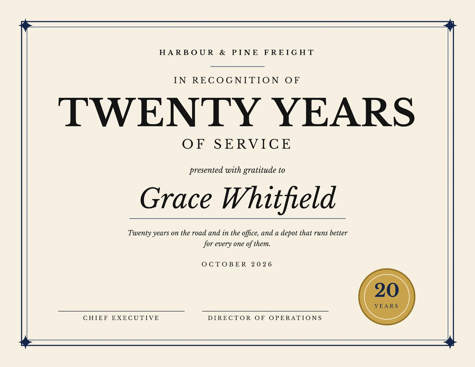 Classic Long Service Award Certificate — Letter landscape Certificate template