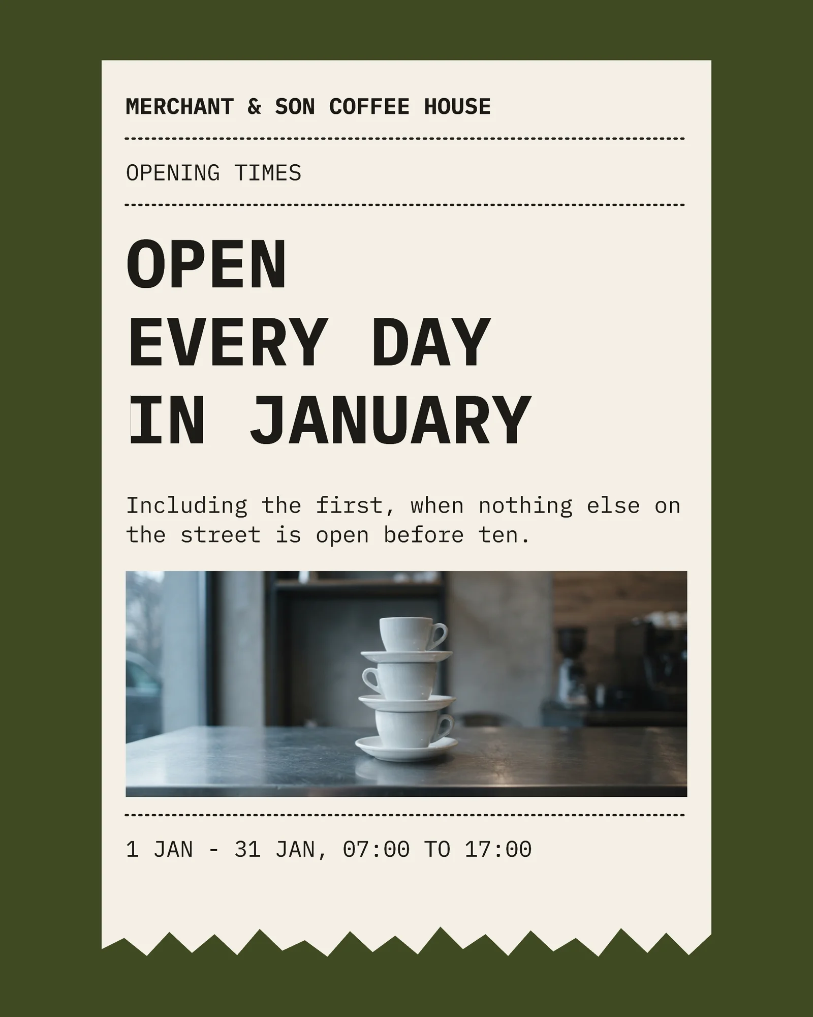 Olive Newsprint Torn Ticket Coffee House January Hours Instagram Carousel — 4-panel Instagram carousel carousel template, page 1 of 4