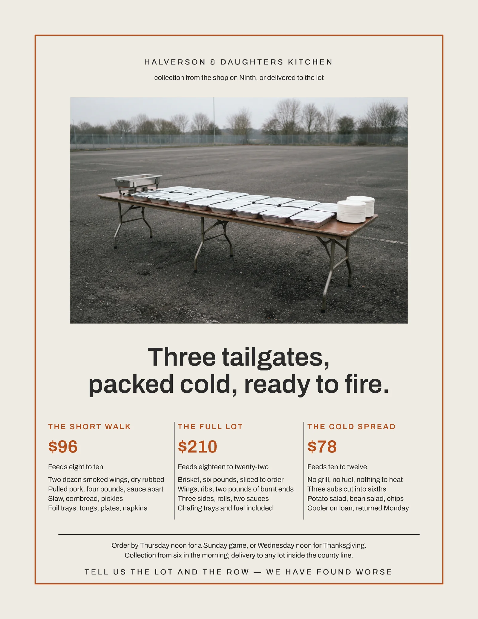 Bone Burnt Orange Frame Trestle Tailgate Catering Packages Flyer — Letter Flyer template
