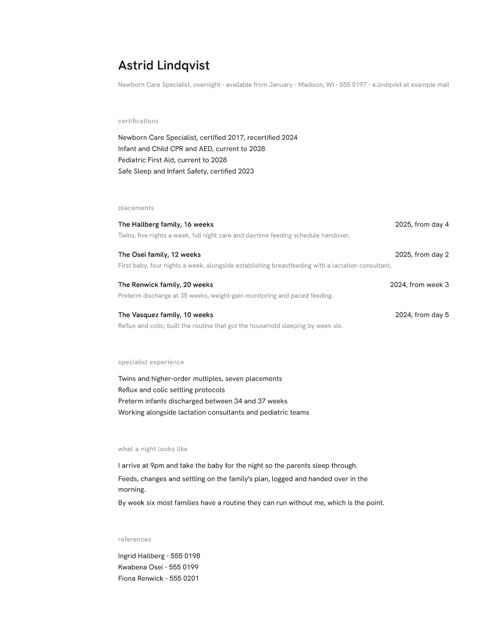 Newborn Care Specialist Resume — Letter Resume template