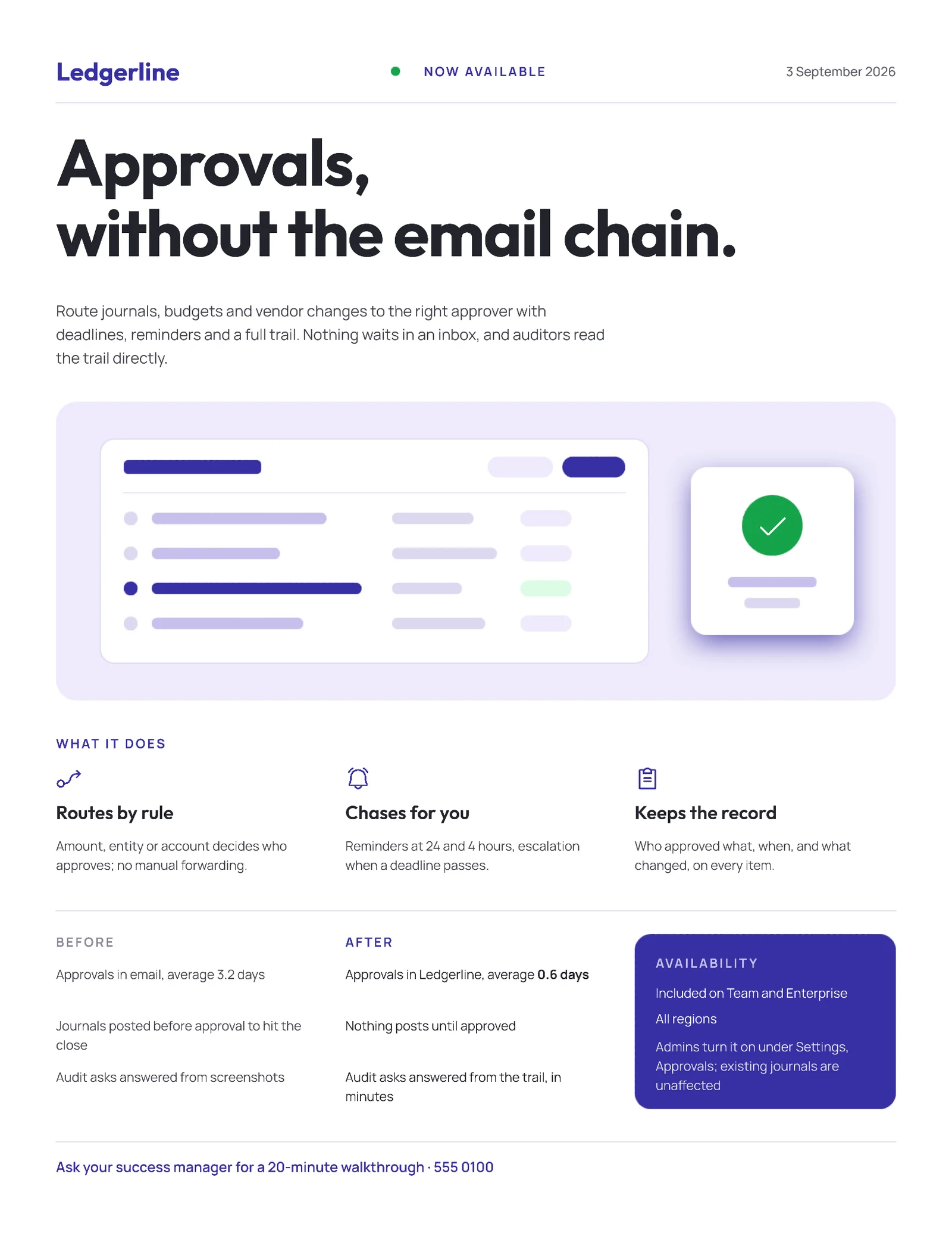 Launch Hero Feature Announcement — 2-page One pager template, page 1 of 2